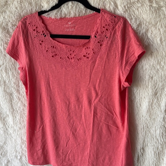 Talbots Coral Pink Lace Detail Short Sleeve Tee - Picture 6 of 7